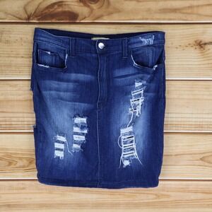 Aphrodite Jean Skirt Distressed Womens XL Blue Dark Wash Denim Stretch Pockets